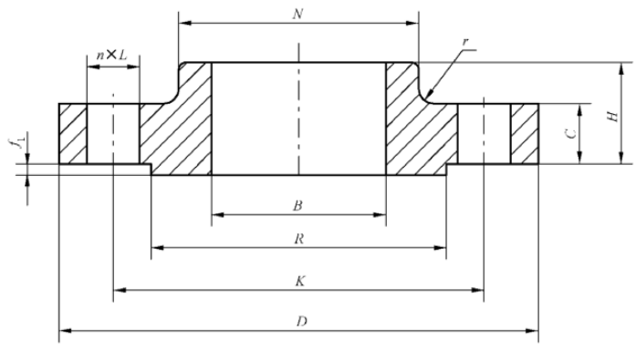 Dimensions of Class 600 raised face flat welding flange with neck ~ GB/T9124.2-2019